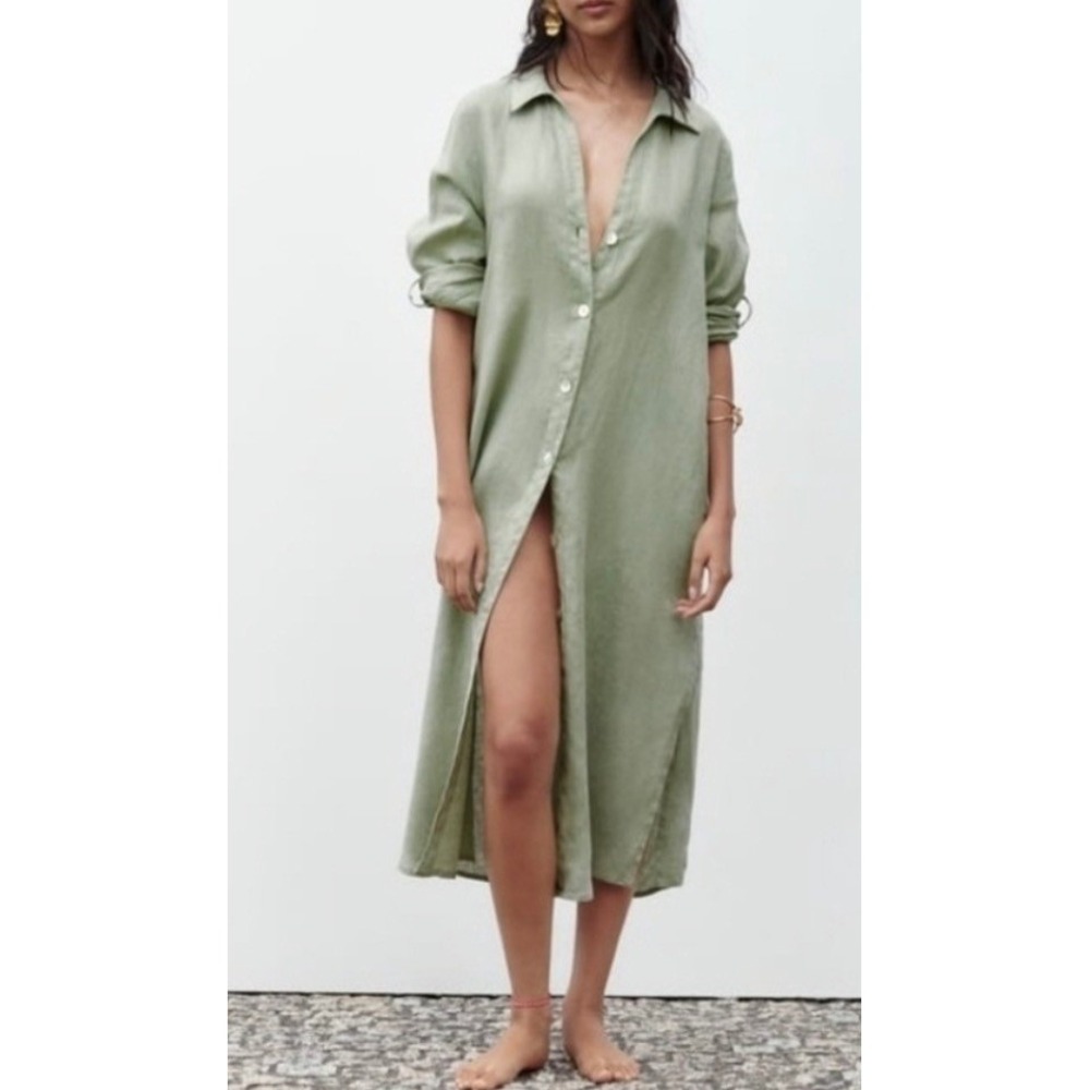 Zara 100% Linen Olive Green Button-Front Midi Shirt Dress with Pockets